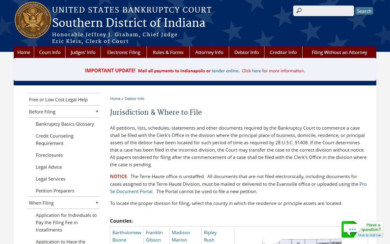 Fountain County Circuit Court records Southern District bankruptcy jurisdiction