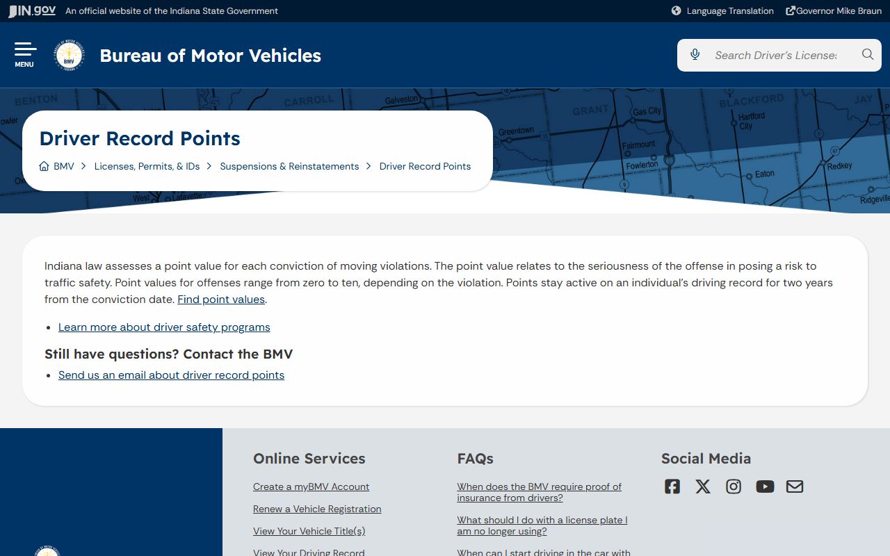 Fountain County traffic court records BMV driver points page