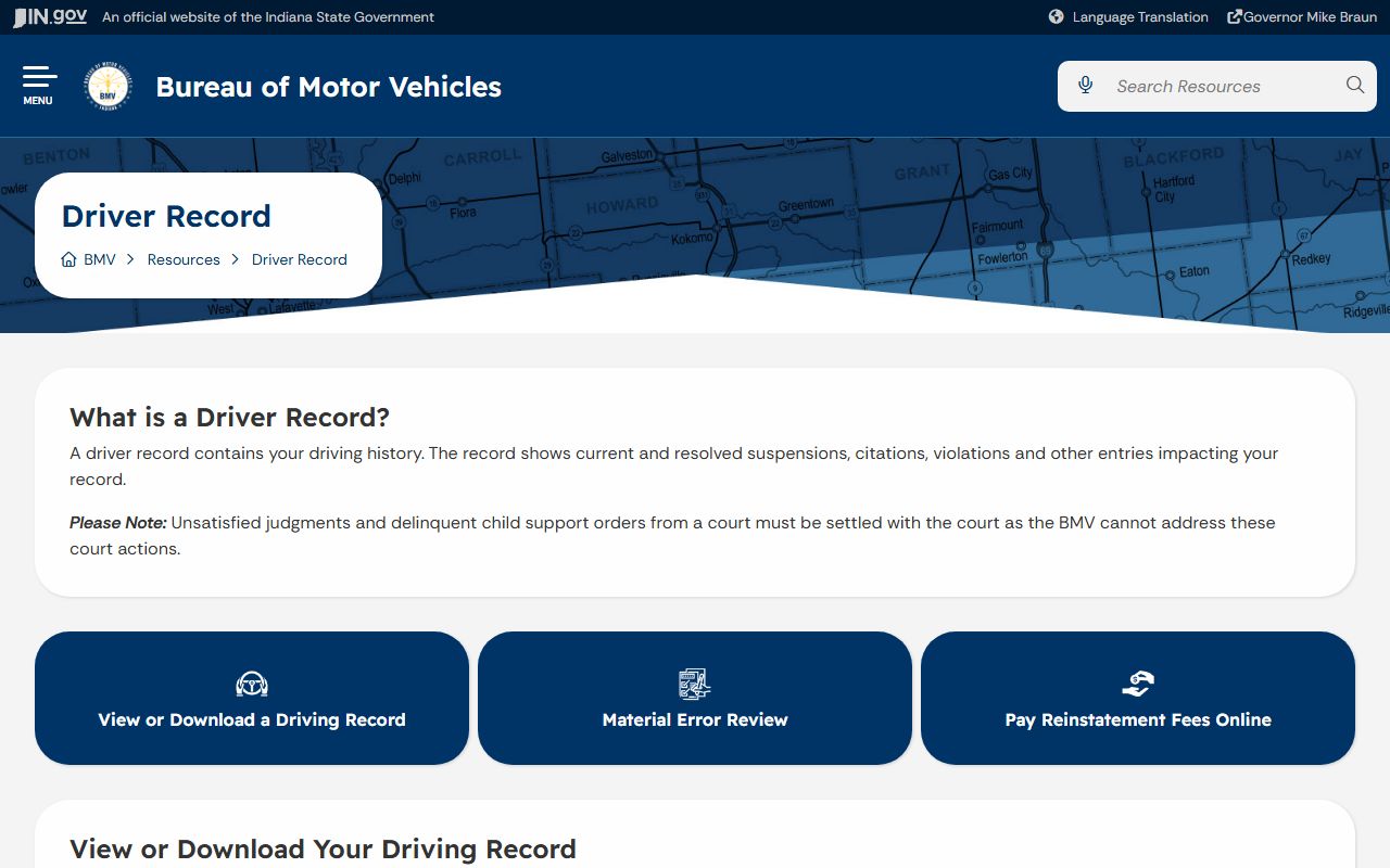 Fountain County traffic court records Indiana BMV driver record page